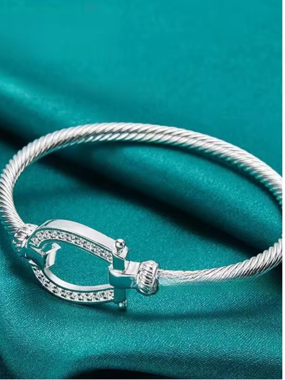 Silver Twisted Cable Bracelet with Crystal Horsebit Accent - Silver